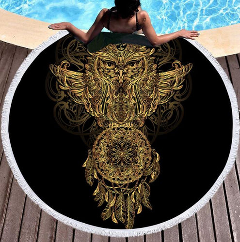 The Golden Owl Round Tapestry Blanket
