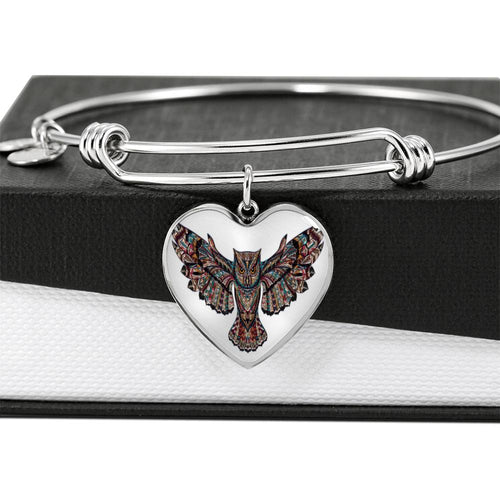 Owl's Away Luxury Bangle with Heart Pendant